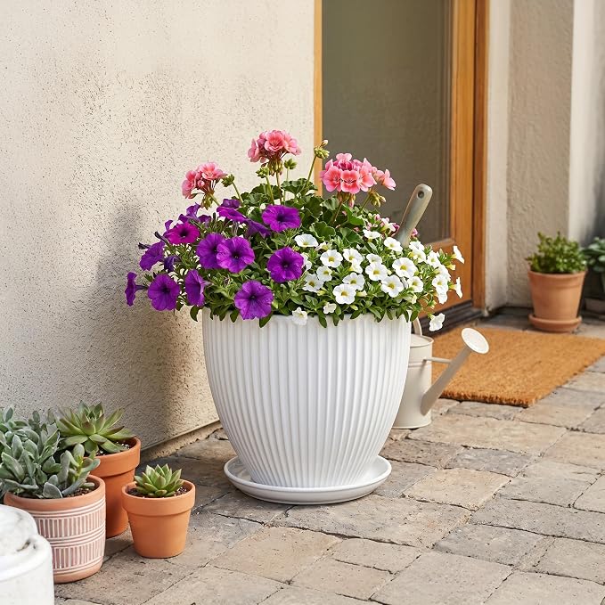 10 Inch Planter, Ceramic Plant Pots with Drainage Hole and Saucer, Modern Large Planters for Indoor Plants, Round Planter, Decorative Flower Pots, Living Room Decor, Gifts for Men Women, White