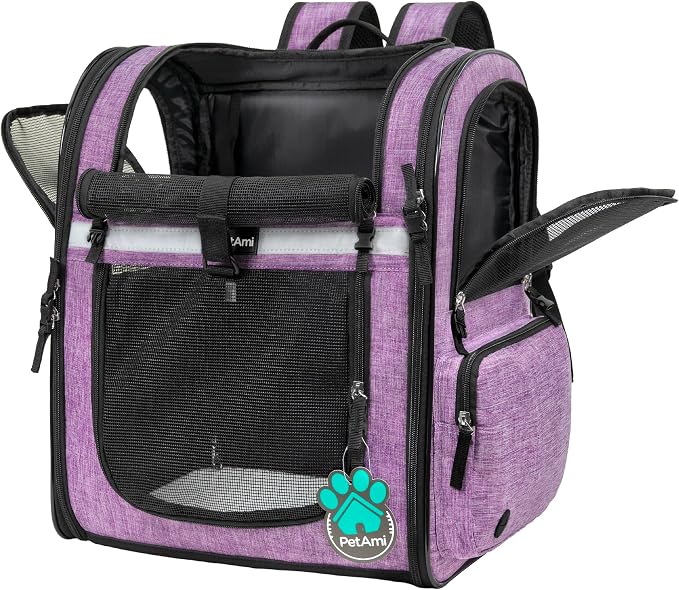 PetAmi Dog Backpack Carrier, 4-Way Entry Ventilated, 18 lbs, Purple | Sherpa Bed Included, Foldable Load-In Top, Safety Reflective Strap, Breathable Mesh, Poop Bag Dispenser, Padded Back Support