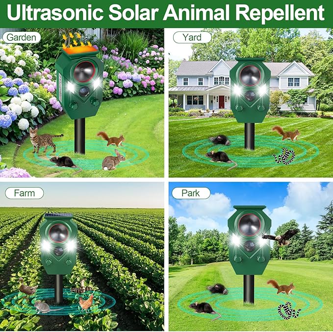 Solar Ultrasonic Animal Repellent,Cat Dog Repellent Outdoor,Solar Animal Repeller with Motion Sensor,Waterproof Rabbit Repeller with Flahing Light for Yard Skunks,Raccoon Birds Squirrels Deer-4 Pack