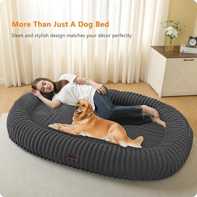 Human Dog Bed for Adult, Orthopedic Gel Memory Foam, 71"x47"x9" | Human Dog Bed Fits Adult & Pets, Reversible Egg-Crate Foam Cushion, Washable Pet Bed with Blanket, Dark Grey