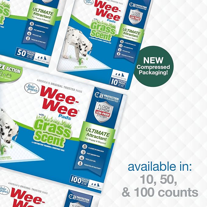 Four Paws Wee-Wee Ultimate Attractant Dog Pee Pads, Grass Scent, 10 Count | Smells like real grass, leak-proof puppy pads, dog housebreaking & potty training, 24-hour floor protection, 22" x 23"