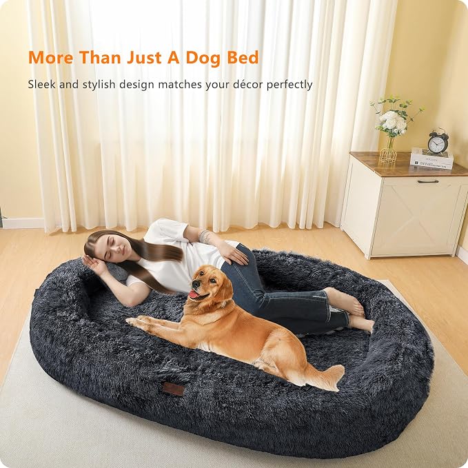 Human Dog Bed for Adult, Orthopedic Gel Memory Foam, 71"x47"x9" | Human Dog Bed Fits Adult & Pets, Reversible Egg-Crate Foam Cushion, Washable Pet Bed with Blanket, Graphite Grey