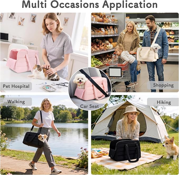 Dog Purse Carrier for Small Dog Cat Rabbit up to 13 lbs, Lightweight Portable Soft Sided Pet Purses, Quilted Puffy Tote Puppy Carrier with Large Pockets for Hiking, Travel, Vet Beige