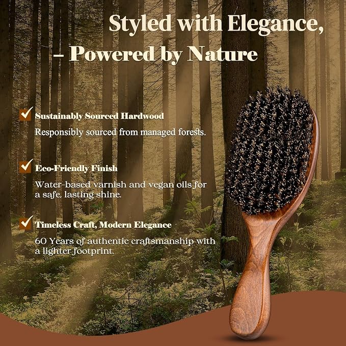 100% Boar Bristle Hair Brush Since 1965 British Craftsmanship | Handmade Natural Wooden Slick Back Hairbrush, Soft Bristles Gentle Smoothing Women Men Kids Thin Fine Hair, Anti Breakage