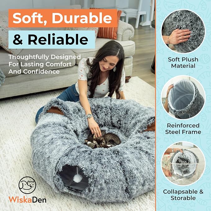 WiskaDen XL Plush Cat Tunnel Bed with Toy and Elderly Feline Access. 3-in-1 Dark Grey Fluffy Donut Cushion with Ears. Circle Tube for Indoor Cats Leisure, Hiding Spot, Dog Bed, or Rabbit Cave