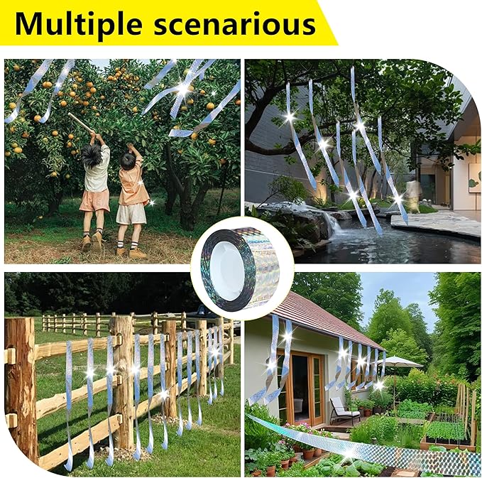 Bird Scare Reflective Tape, 295 Feet (2 Rolls), Double-Sided Reflective, for Repelling Sparrows and Woodpeckers, Suitable for Outdoor Use in Homes, Gardens, Farms, Orchards,Outdoor