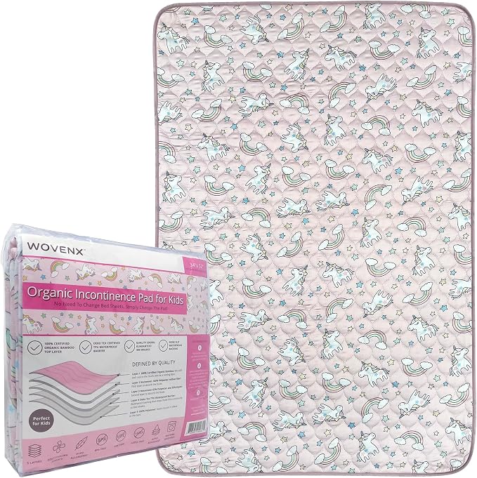 Organic Incontinence Pads for Kids & Toddlers - 5 Layer Waterproof Protectors for Overnight Bed Wetting - Reusable & Washable Pee Pads - Fits Twin to Full Size Beds - 34" x 52" Unicorn