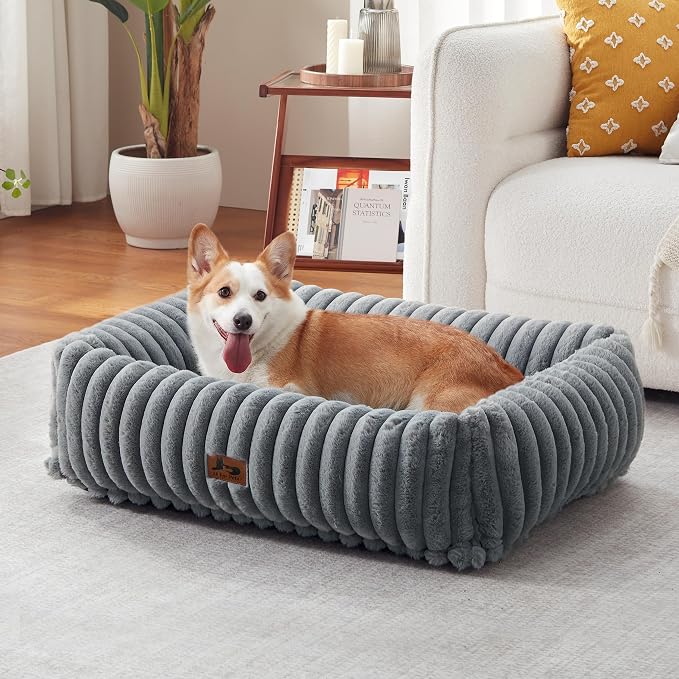 Dog Bed Medium Size Dog, Rectangle Orthopedic Pet Bed for Car and Indoor, Comfort Fluffy Memory Foam Dog Beds with Anti-Slip Bottom,Grey(30x24x8inchs)