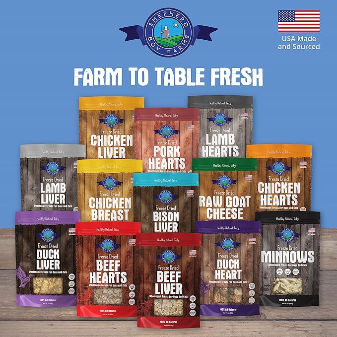 Shepherd Boy Farms Freeze Dried Dog and Cat Treats, Beef Heart, All Natural Single Ingredient Freeze-Dried Dog Treat & Snacks, Made in USA, High Protein, Essential Nutrition of Raw Food, 8oz