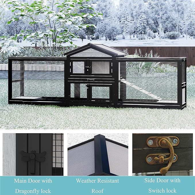 89" Wooden Rabbit Hutch Bunny Cage Pet Playpen House Enclosure with Double Side Run Boxes, Ramp, for Guinea Pig and Small Animals, Black