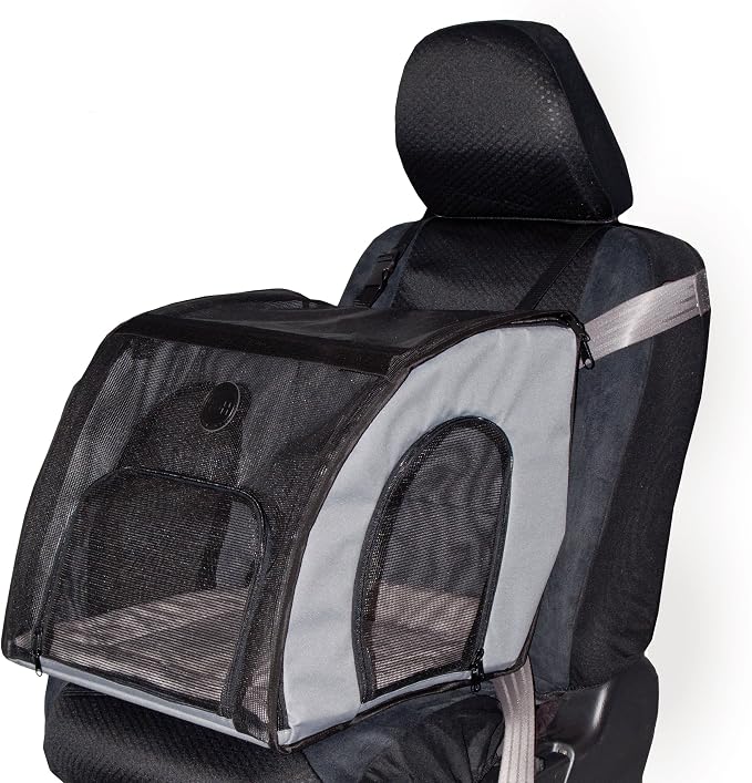 K&H Dog Car Seat, Travel Safety Carrier for Pets, Medium, Gray/Black | Enclosed Car Seat for Dogs, Soft-Sided Covered Pet Carrier, Washable Pad, Multiple Entrances, Mesh Windows, 24x19x17in