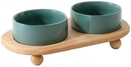 Havniva Raised Cat Bowl 5.1” Elevated Ceramic Cat Food and Water Bowl Set | Cat Bowls Elevated, Whisker Friendly Cat Bowl, Non-Slip Wood Stand, Food-Grade Ceramic, Wide Opening, Dishwasher Safe