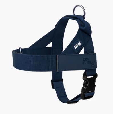 Dog Friendly Co. Dog Harness, Adjustable, No Pull Design (Navy, Medium) | One Click Buckle, Chafe Resistant Webbing, Adjustable Neck & Chest, and Heavy Duty D-Ring, Sturdy Comfortable and Easy to Use