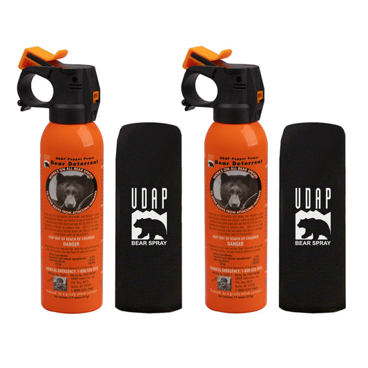 UDAP Pepper Power Bear Spray Self Defense Deterrent with Holster for Camping Hiking Fishing Powerful Blast Pattern 30 ft Fog Barrier Safety Orange SO2 7.9 oz 2 Pack