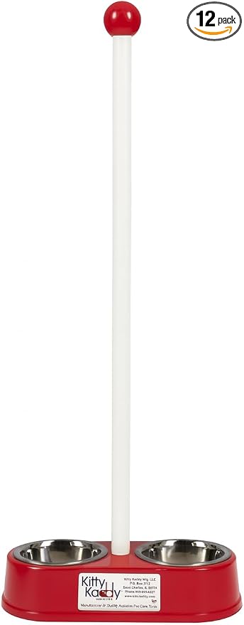 Double Diner for Cats & Dogs, 27-Inch Tall Pet Feeding Station with Long Detachable Handle, Removable Stainless Steel Bowls, Easy Grip, Sturdy & Durable, Ideal for Small to Medium Pets, Bright Red