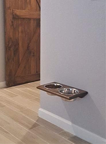 Chic, Floating, Wood, Height-Flexible Wall Mount Dog/Cat/Pet Food & Water Bowl Holder/Feeder, 2 S.S. Dishwasher-Safe Bowls (~ 1 Quart / 32 oz / 900 ml) for Mid-Size Pets. 2-Screw Installation.
