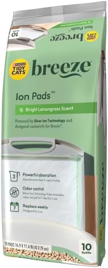 Tidy Cats Breeze Bright Lemongrass Scented Ion Cat Litter Box Pads Refill Pack - 10 CT (Pack of 4)
