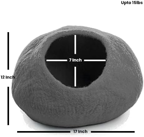 Luxurious Merino Wool Cat Cave - Foldable Hideaway Pod for Indoor Cats - Premium Felt Kitten Pet Enclosure - Covered Cat House for Ultimate Cozy Comfort by Woolygon (Grey Plain)