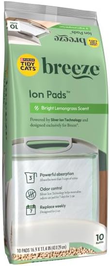 Tidy Cats Breeze Bright Lemongrass Scented Ion Cat Litter Box Pads Refill Pack - 10 CT (Pack of 4)