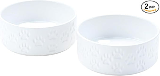 SPUNKYJUNKY Ceramic Dog Bowls 2 Pack, 7.3'' Dog Food Water Double Feeding Bowls Non-Slip for Medium to Large Sized Breed Microwave Dishwasher Safe - 42 OZ, 2pcs, Paw White