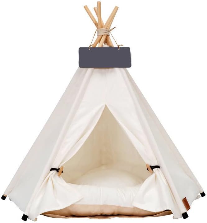 Dog Teepee Bed Cat Tent Portable Houses Pet Puppy with Thick Cushion (L:Size fits 15kg/33lbs (Pets)) | (White, L:Size fits 15kg/33lbs (Pets))
