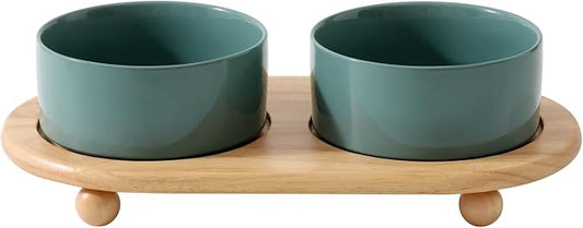 Havniva Raised Cat Bowl, 6.1” Elevated Ceramic Cat Food and Water Bowl Set | Cat Bowls Elevated, Whisker Friendly Cat Bowl, Non-Slip Wood Stand, Food-Grade Ceramic, Wide Opening, Dishwasher Safe