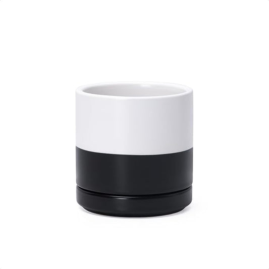 D'vine Dev 3.5 Inch Ceramic Planter Pot, Black White Two Tone, 94-O-A-L | Modern Cylinder Design, Drainage Hole & Saucer Included, Stable Structure, Elegant Home Accent
