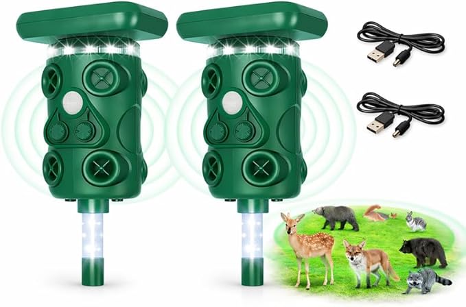 Solar Ultrasonic Deer Repellent Device – Animal & Raccoon Repellent Outdoor with Motion Sensor Flashing LED, IP54 Waterproof Wildlife Deterrent, 13.5–45.5KHz Dual Chip Pest Repeller 2PK
