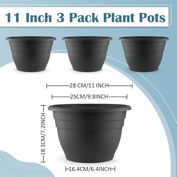 RooTrimmer 3 Pack 11 Inch Plant Pots with Drainage Hole and Plug,Plastic Flower Pots for Indoor & Outdoor Plants,Lightweight Plant Pots Perfect for Herbs,Flowers & Succulents(Gray)