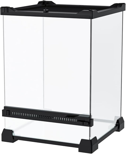 Reptile Terrarium 8"x8"x12" Mini, Front-Opening Glass Tank with Mesh Lid & Lock, 360° Glass Enclosure for Small Reptiles, Frogs, Tarantulas, Jumping Spiders & Geckos