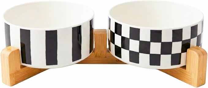 TRUVIC Ceramic Dog Bowl Set of 2 with Wood Stand, Black and White Checkered & Striped Dog Food and Water Bowl Set, 3.5 Cup/28 oz Elevated Puppy Food Bowls for Medium Dogs, Dishwasher Safe