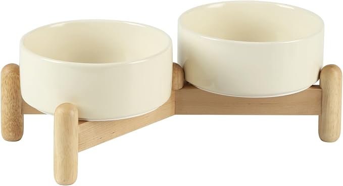 Havniva Elevated Dog Bowls Ceramic Dog Bowls with Stand, Dog Food Bowl | 5.1” Raised Dog Bowls with Non-Slip Wood Stand, Dog Food and Water Bowl Set, Double Dog Feeding Bowls for Small Dogs