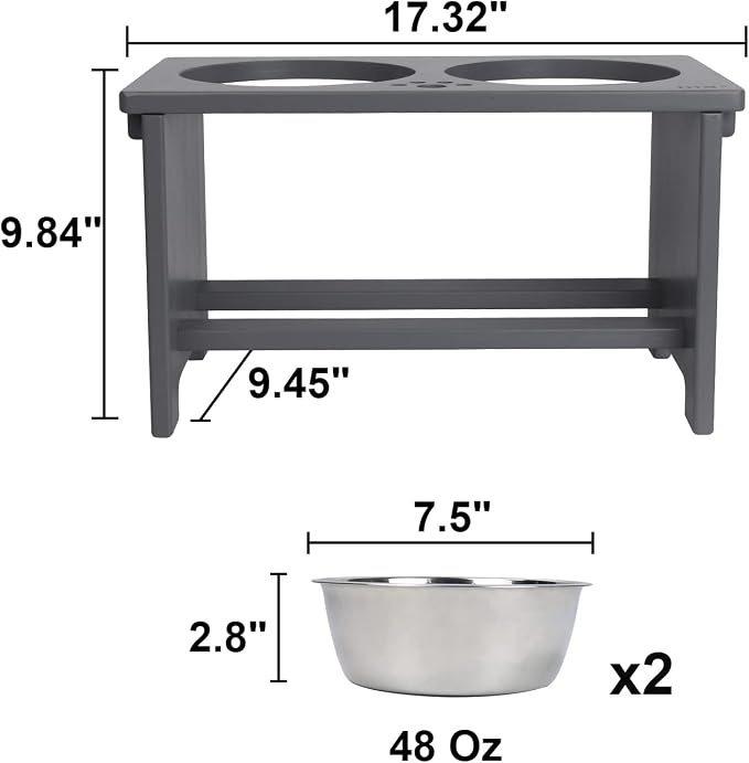 HTB Elevated Dog Bowl Stand with 2 Stainless Steel Bowls-10 H Large Grey | Raised Dog Bowl Stand, 10"tall, 48 Oz Bowls, for Large Sized Dogs, Pet-safe, Solid Bamboo