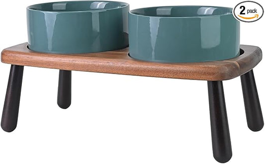 SPUNKYJUNKY Ceramic Elevated Dog Bowls Raised with Acacia Bamboo Wooden Stand, 6.1'' Dog Cat Food Water Bowls Set Non-Slip for Small Medium Sized Breed Microwave Dishwasher Safe - 28.7 OZ,Dark Green