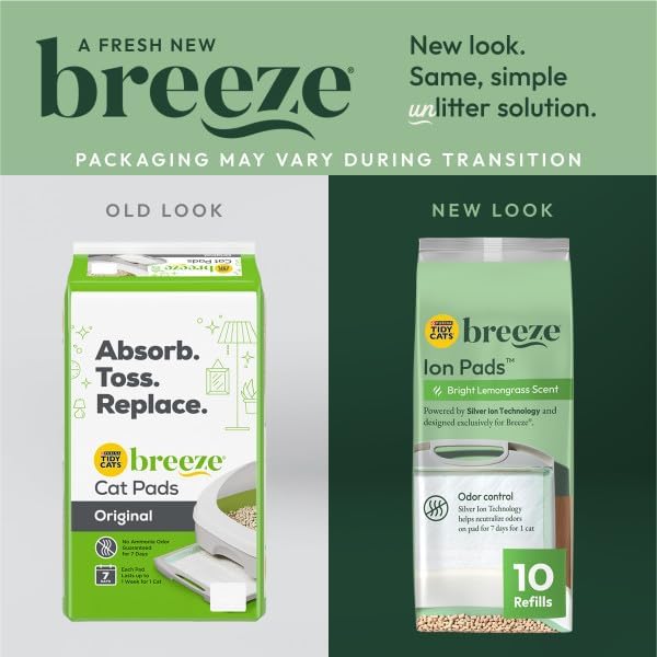 Tidy Cats Breeze Bright Lemongrass Scented Ion Cat Litter Box Pads Refill Pack - 10 CT (Pack of 4)