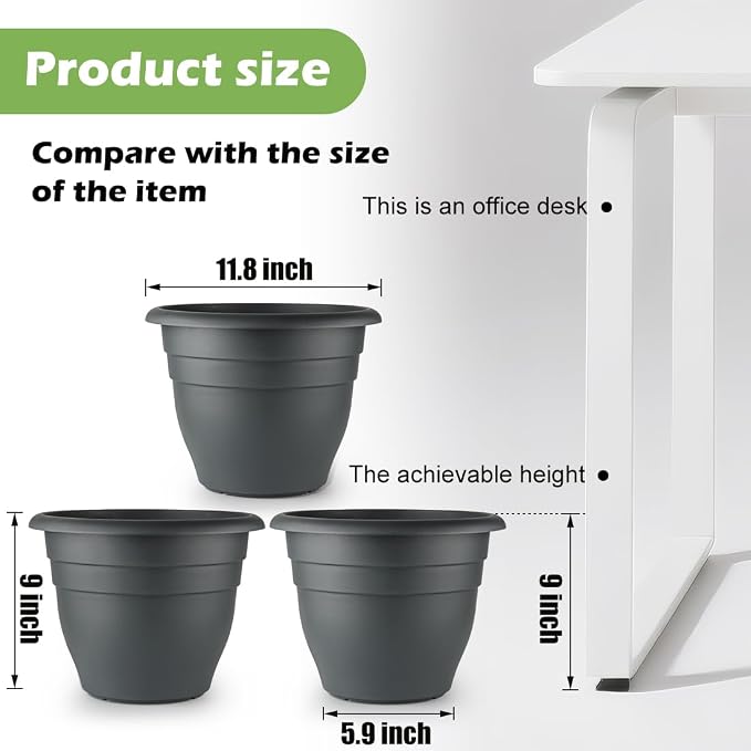 RooTrimmer 12 Inch Plant Pots, Large Planters for Outdoor Plants, Plastic Flower Pots - Durable and Lightweight with Drainage Holes (3 Packs, Gray)