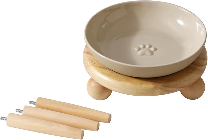 Havniva Elevated Cat Bowls, Cat Food and Water Bowl Set, Ceramic Cat Bowl | Raised Cat Food Bowls, Whisker Friendly, 5.6” Shallow Cat Dishes, Wide Cat Plates, Non-Slip Wood Stand, Two Heights