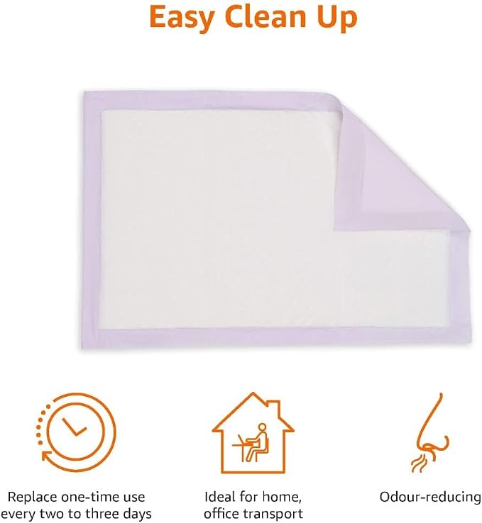 Amazon Basics Cat Pee Pads, Odor Control, Super Absorbent, Disposable, Universal Fit for Litter Box, Unscented, Multi Cat, White/Purple, 60 Count