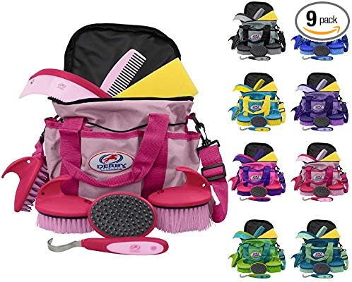 Derby Originals 9Piece Horse Grooming Set with Matching Nylon Carry Bag - Available in 8 Fun Colors, Hot Pink & Pink