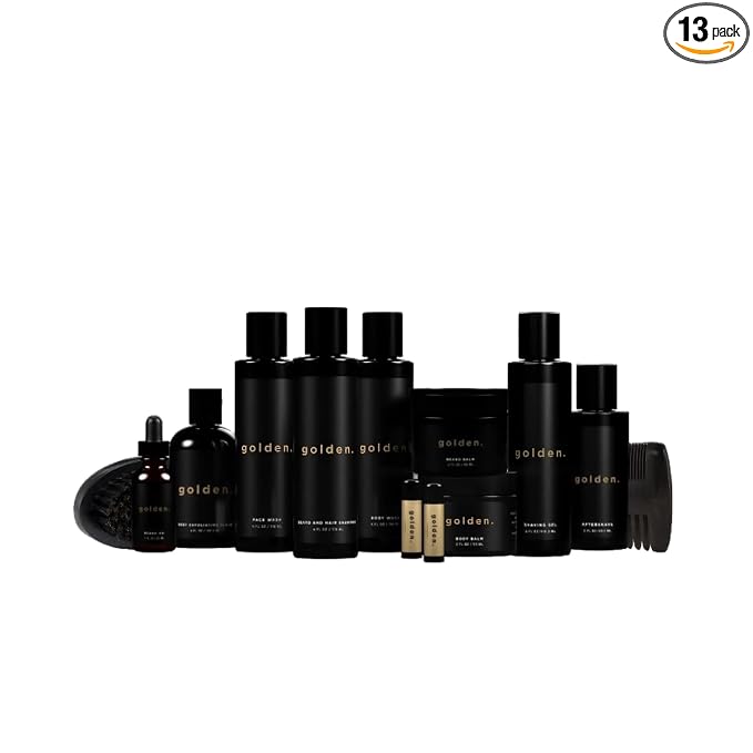 Golden Grooming Co. Complete Men's Grooming Gift Set - Beard Oil, Face & Body Wash, Shampoo, Balms, Moisturizer, Scrub & More
