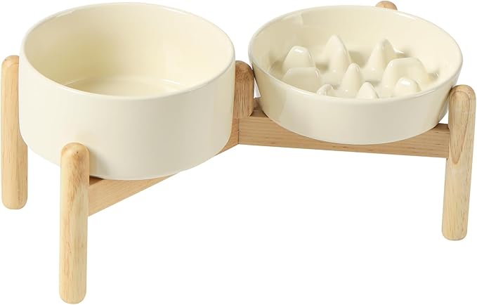 Havniva Elevated Slow Feeder Dog Bowls, Ceramic Dog Bowl Slow Feeder Set | 0.9 Cups Raised Slow Feeder Dog Bowl for Small Breed, 6.1” Dog Water Bowl with Wooden Stand, Puzzle Dog Food Bowl, Non-slip