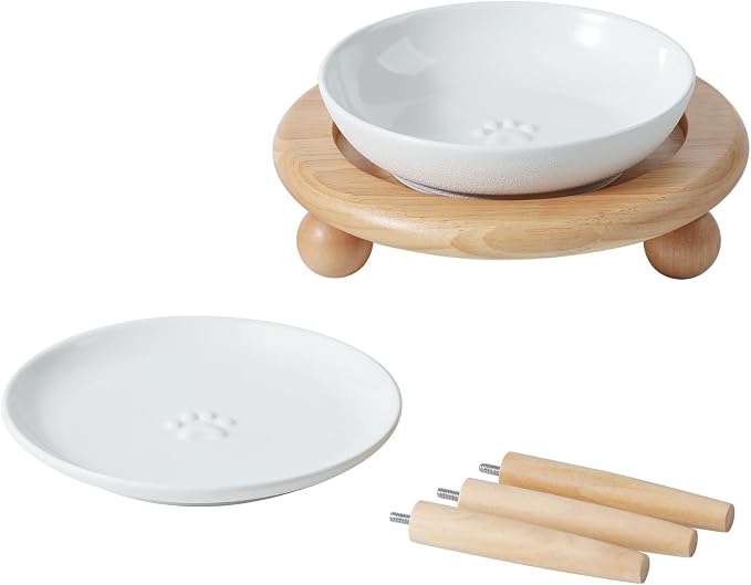 Havniva Elevated Cat Bowls, Cat Food and Water Bowl Set, Ceramic Cat Bowl | Raised Cat Food Bowls, Whisker Friendly, 5.6” Shallow Cat Dishes + 6” Wide Cat Plates, Non-Slip Wood Stand, Two Heights