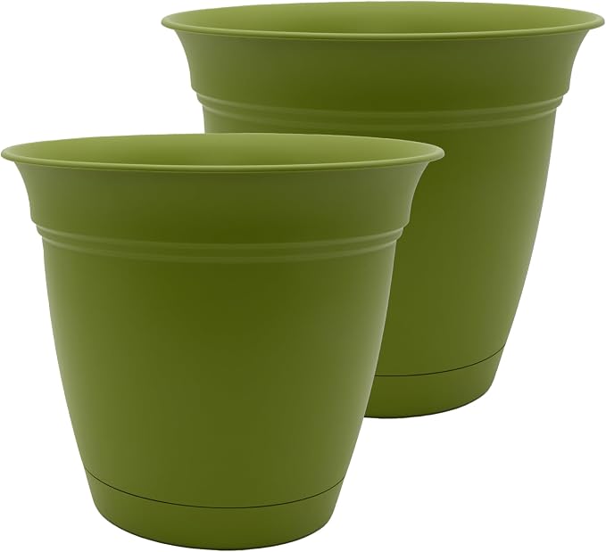 The HC Companies 20 Inch Eclipse Round Planter Pots with Drainage Holes & Attached Saucer, Lightweight UV-Resistant Plastic Indoor Outdoor Planters, 2-Pack Flower Pots for Garden & Home Decor, Peridot