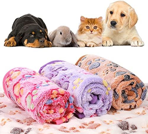 Tatuo 4 Pack Fleece Dog Blankets for Puppy Cats Multi-Size Sleep Mat for Pet Guinea Pig Soft Washable Warm Crate Bed Puppy Teething Toys Print Pattern Blanket Indoor(Mixed Color,30 x 20.5 Inch,Paw)