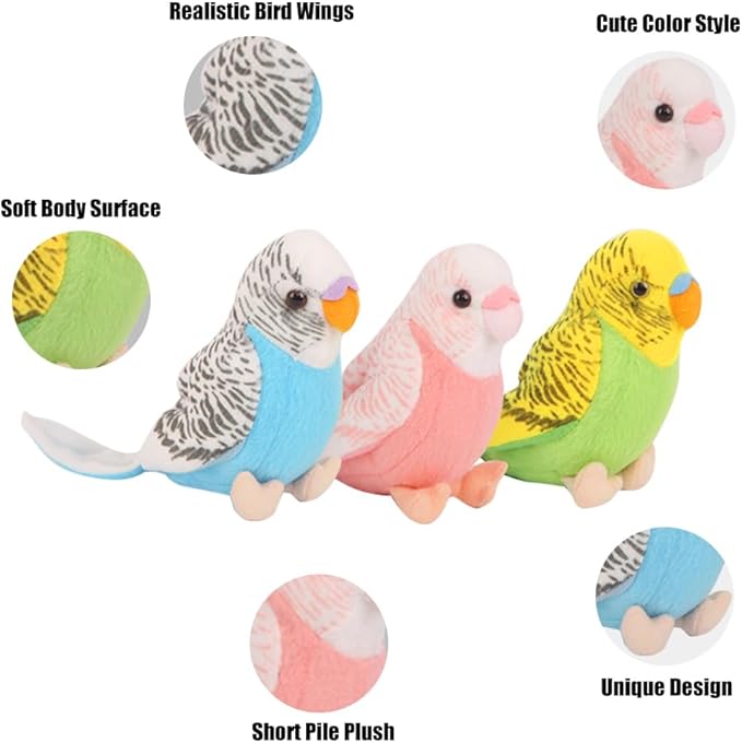 3 Pcs Budgerigar Plush Toy, 5.5 inches, Parakeet Plush Toy, Budgie Soft Toy, Bird Stuffed Animal for Kids, Blue and Green and Pink