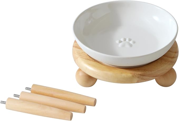 Havniva Elevated Cat Bowls, Cat Food and Water Bowl Set, Ceramic Cat Bowl | Raised Cat Food Bowls, Whisker Friendly, 5.6” Shallow Cat Dishes, Wide Cat Plates, Non-Slip Wood Stand, Two Heights