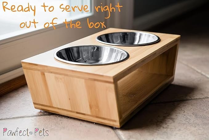 4" Tall Elevated Dog Bowls for Small Dogs, Food and Water Bowl Set by Pawfect Pets (Natural Bamboo)