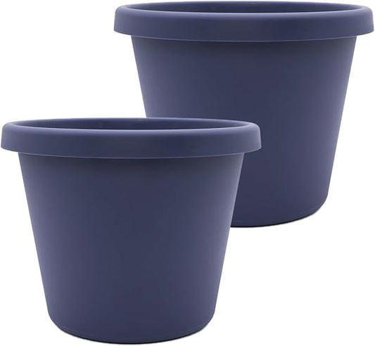 The HC Companies 10 Inch Prima Round Planter Pots w/Drainage Holes & Rolled Rim, Lightweight UV-Resistant Plastic Indoor & Outdoor Planters, 2-Pack Flower Pots for Garden & Home Decor, Twilight Blue