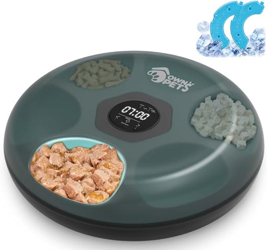Ownpets Automatic Cat Feeder for Wet and Dry Food, with 2 Ice Packs, 6 Meals Programmable Timed Pet Feeder, Cordless Rechargeable Auto Feeder for Cats/Small Dogs, Black