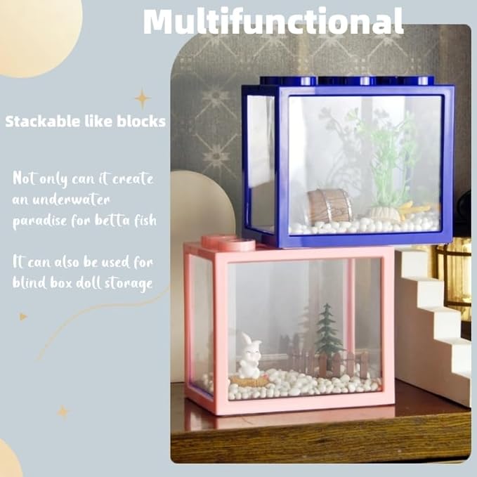 Small Betta Fish Tank, Stackable Mini Aquarium Tank Kit with Aquarium Gravel & Forest Micro Landscape, 0.6 Gallon Acrylic Cube Fish Bowl for Sea Monkeys Shrimp Snails (Green)